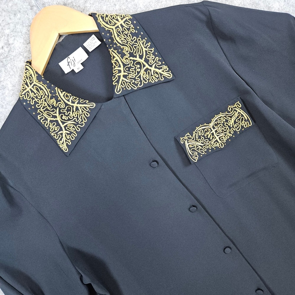 Fiji Sport Women's Size 16 Button Up Shirt Black Gold Embroidered Trim Office‎